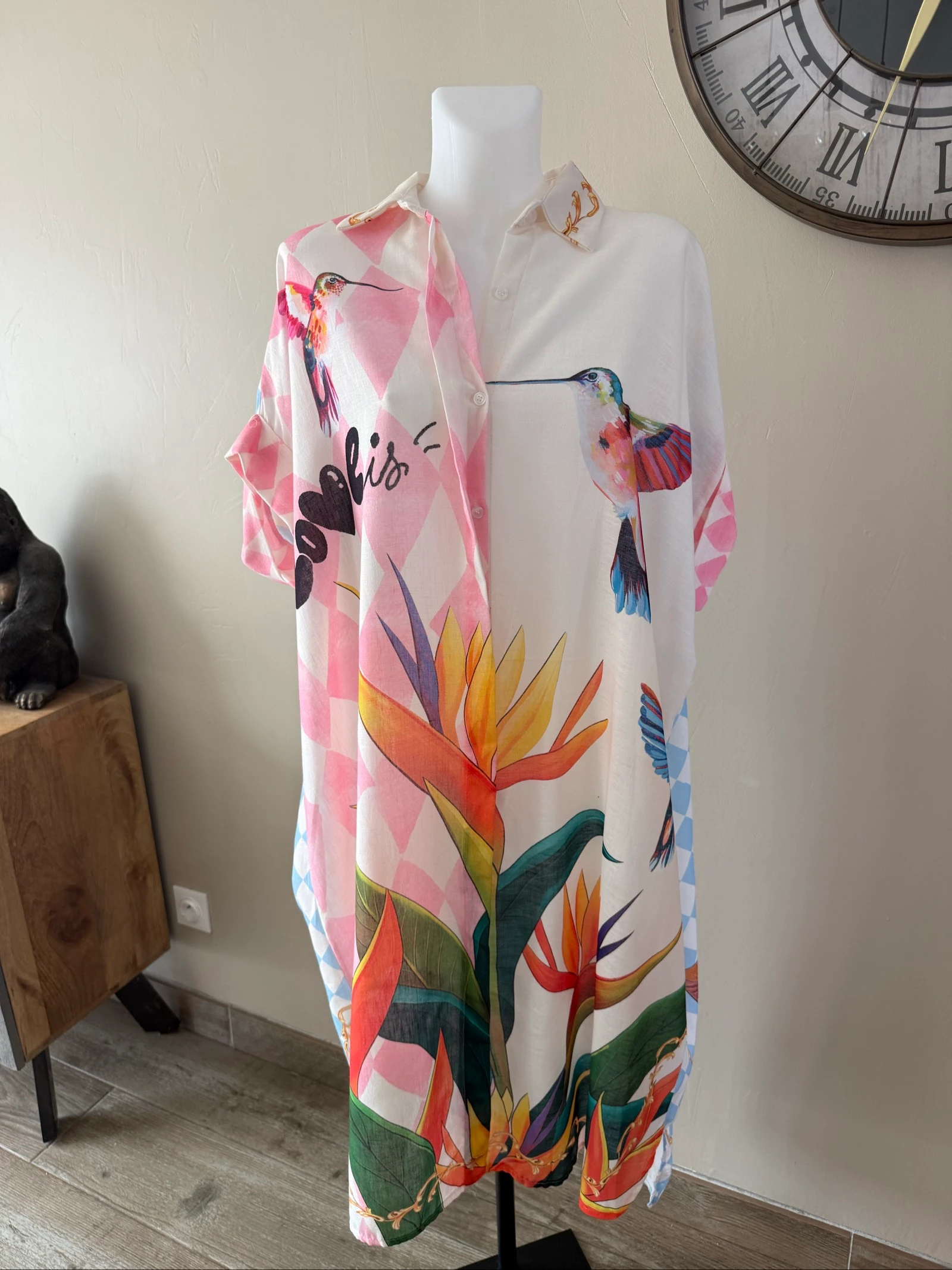 Robe chemise oversize Made in Italy lin & coton colibris tendance – Taille 40 à 48